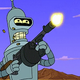Bender from Futurama, holding a machine gun, firing it as bullet shells fly out the back.